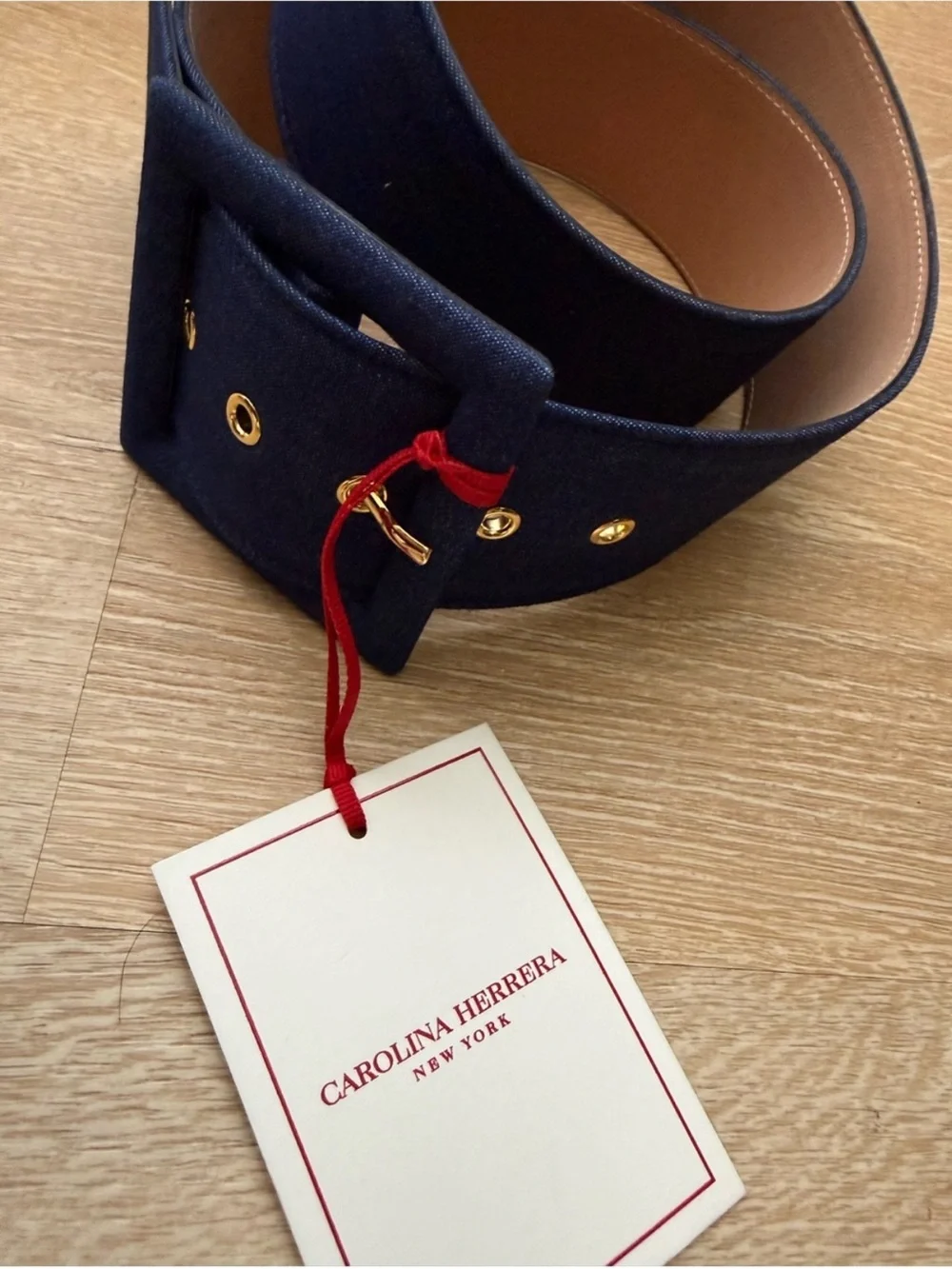 Carolina Herrera Navy Wide Denim Fabric Belt with Covered Square Buckle NWT XL